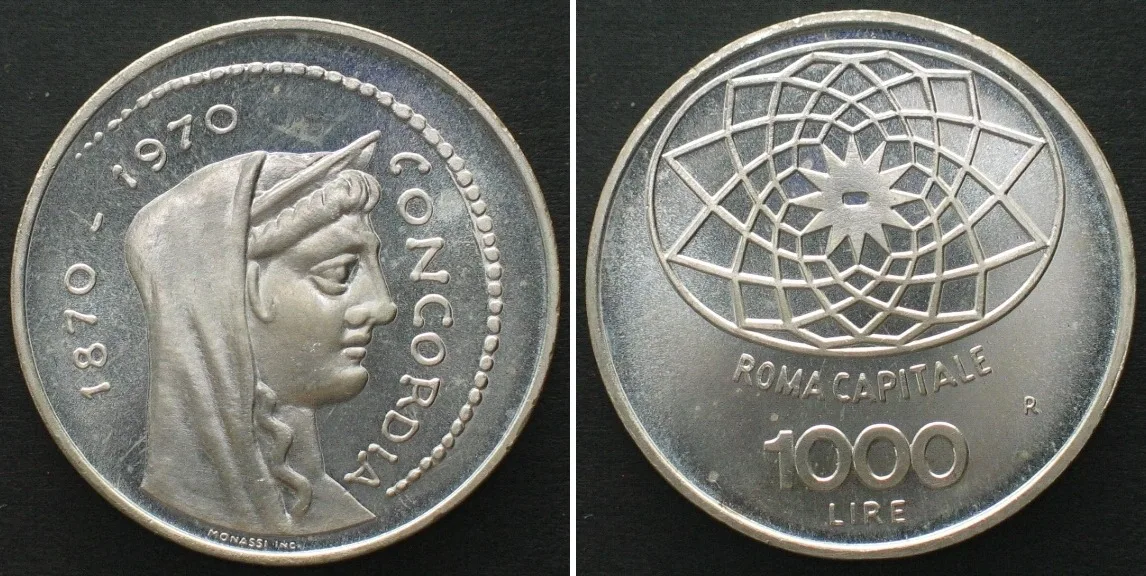 1970 ITALY 1000 Lire 1970, 100TH ANN. ROME AS CAPITAL, silver PROOF