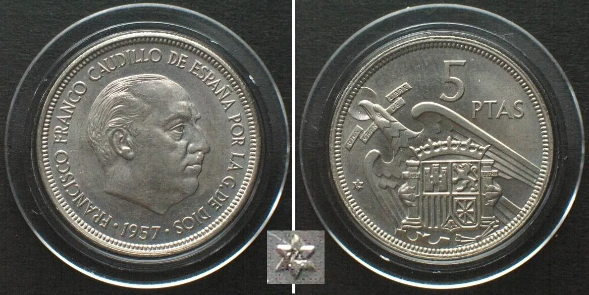1974 SPAIN 5 Pesetas 1957 (74) FRANCO Cu-Ni PRUEBA Proof
