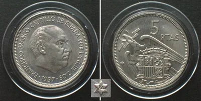 1974 SPAIN 5 Pesetas 1957 (74) FRANCO Cu-Ni PRUEBA Proof