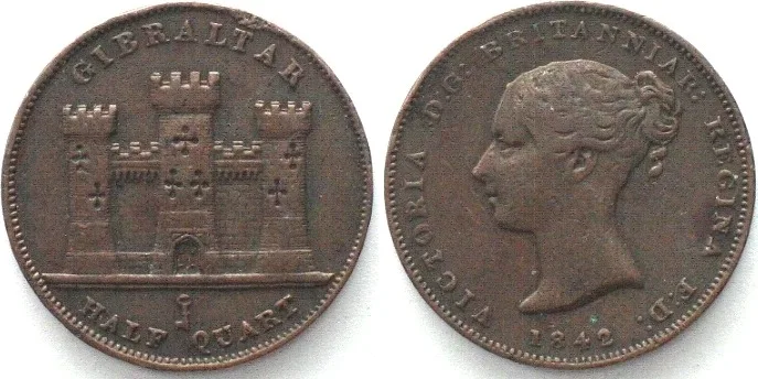 1842 GIBRALTAR. 1/2 Quart 1842, VICTORIA, copper aXF EF-