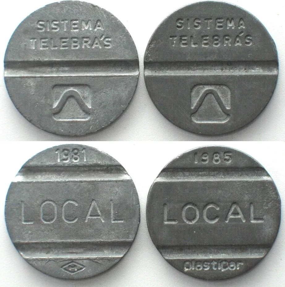 1981,1985 BRAZIL 2 x Phone Tokens TELEBRAS, 1981 & 1985 zinc AU