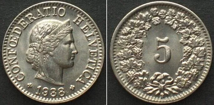 1938 SWITZERLAND 5 Rappen 1938 nickel BU!!!