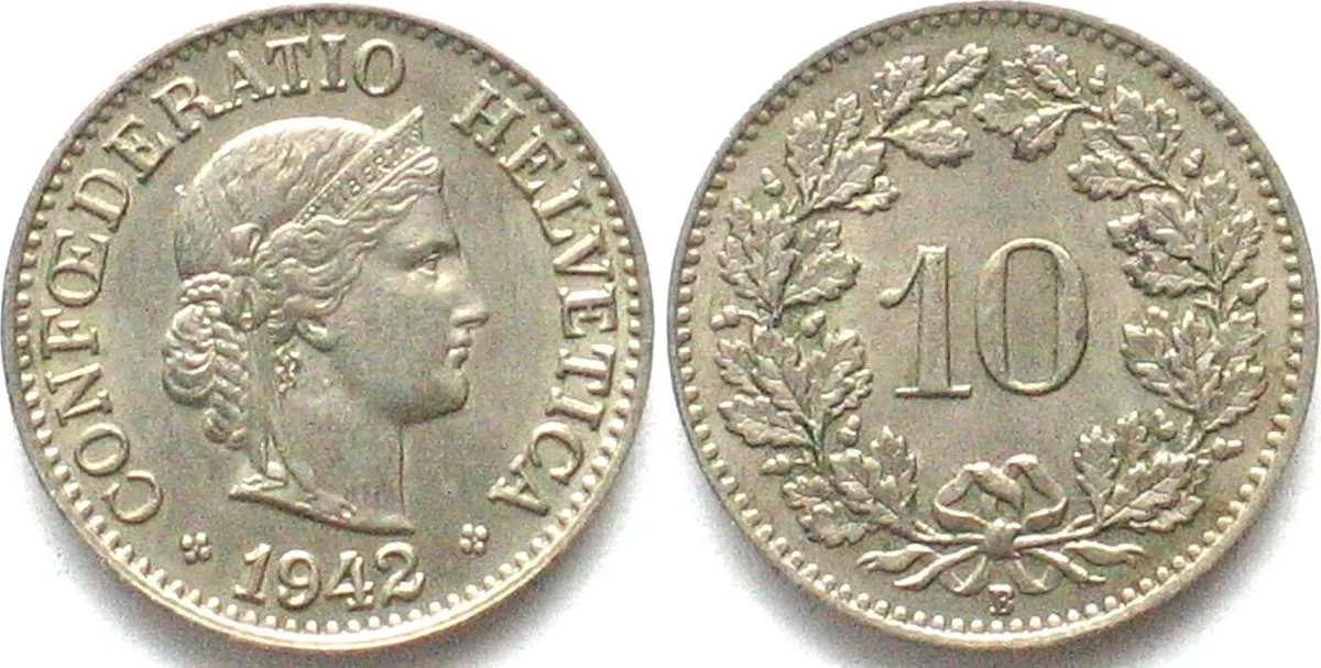 1942 SWITZERLAND 10 Rappen 1942 Cu-Ni AU! EF