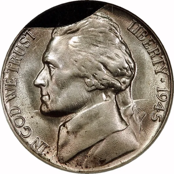 Jefferson Nickel, 1945-P, 15% Curved Clip, 5¢, AU58 , NGC