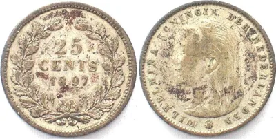 1897 NETHERLANDS 25 Cents 1897 WILHELMINA silver VF+