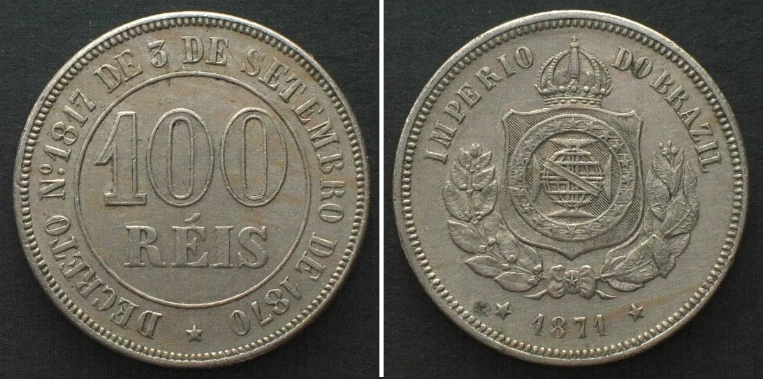 1871 BRAZIL 100 Reis 1871 PEDRO II Cu-Ni AU!