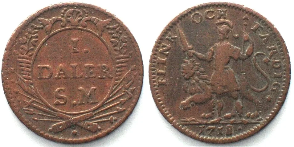 1718 SWEDEN Emergency Daler 1718, Agile and Ready, copper VF+