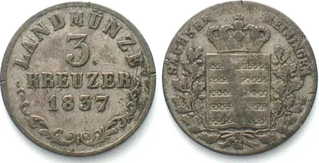 1837 German States SAXE-MEININGEN 3 Kreuzer 1837 BERNHARD II silver VF