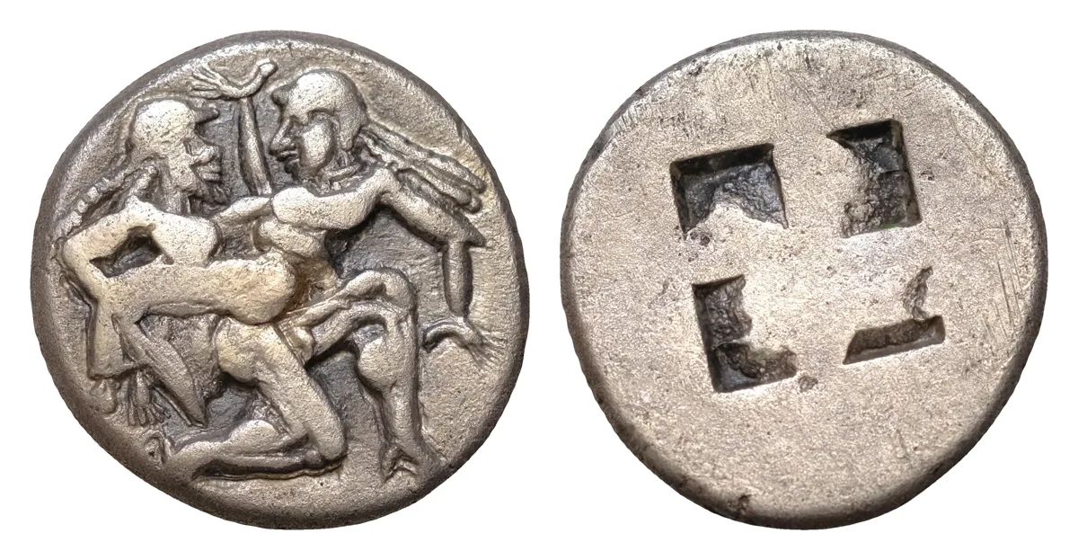 Thrace, Thasos; c. 500-480 BC,  AR22mm Stater, 8.9g. Le Rider-2, SNG Cop-1008. Obv: Nude ithyphallic satyr r., carrying off protesting nymph.  Quadripartite incuse square