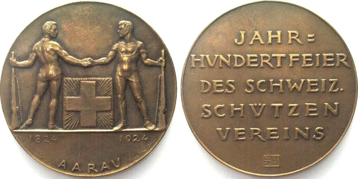 1924 AARAU FEDERAL SHOOTING FESTIVAL 1924 Medal by HANS FREI bronze 49mm UNC-