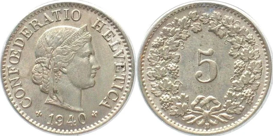 1940 SWITZERLAND 5 Rappen 1940 Cu-Ni UNC!