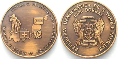 1990 ST. THOMAS & PRINCE 1000 Dobras ND (1990) 7th CENTENNIAL OF SWITZERLAND UNC