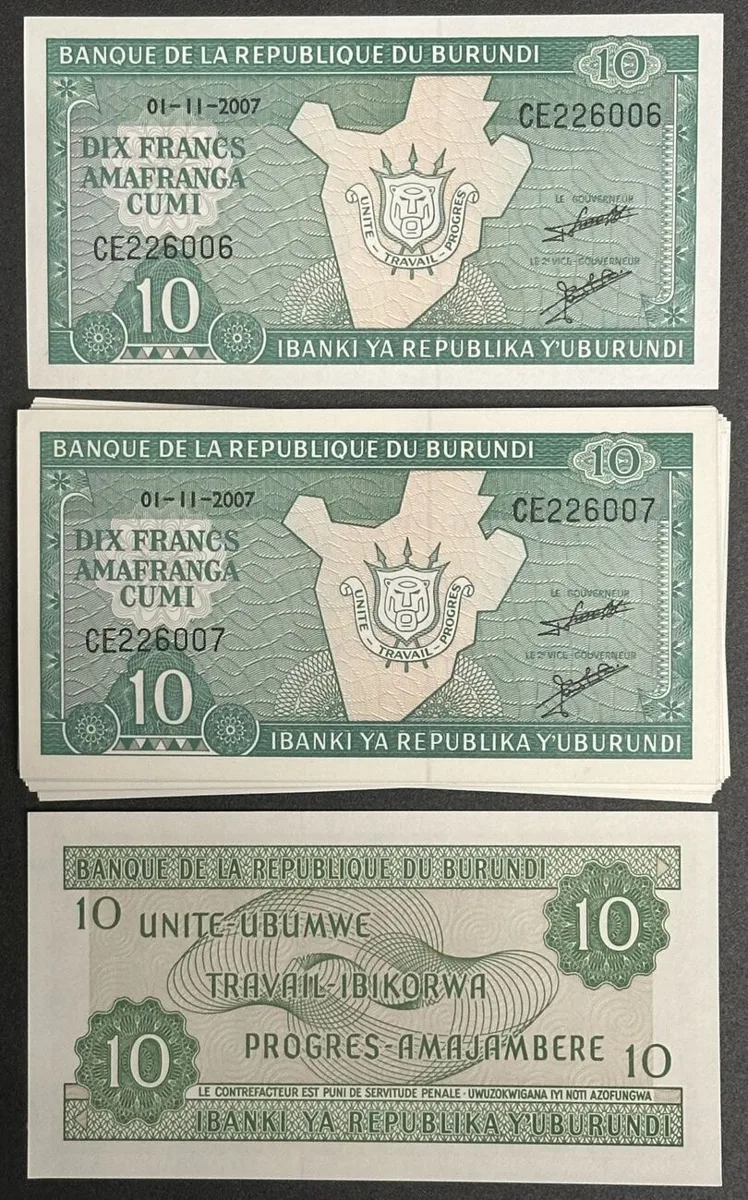 2007 BURUNDI 49 x 10 Francs 2007, UNC, CONSECUTIVE SERIAL NUMBERS UNC