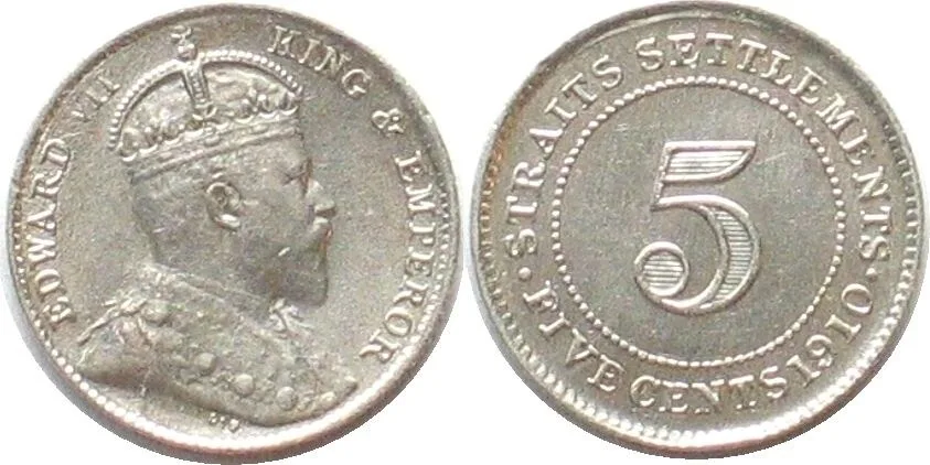 1910 STRAITS SETTLEMENTS 5 Cents 1910 EDWARD VII silver UNC-!