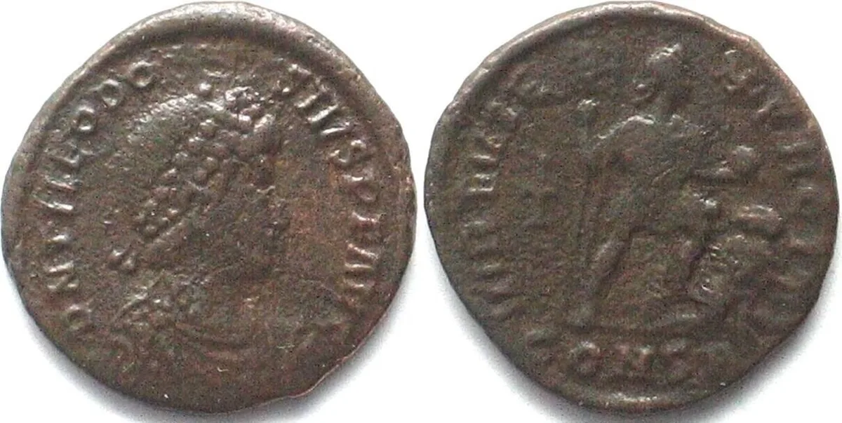 THEODOSIUS I (379-395 AD) AE Follis, CONSA, Constantinople mint, VIRTVS EXERCITI VF