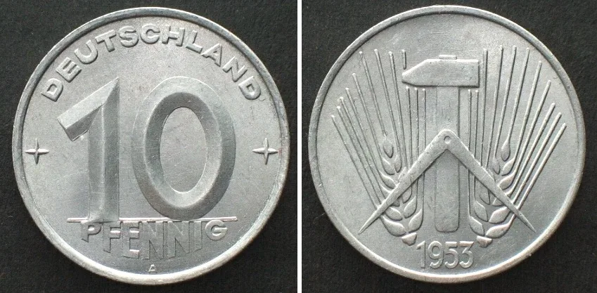 1953 GERMAN DEMOCRATIC REPUBLIC 10 Pfennig 1953 A, Alu, UNC!!!