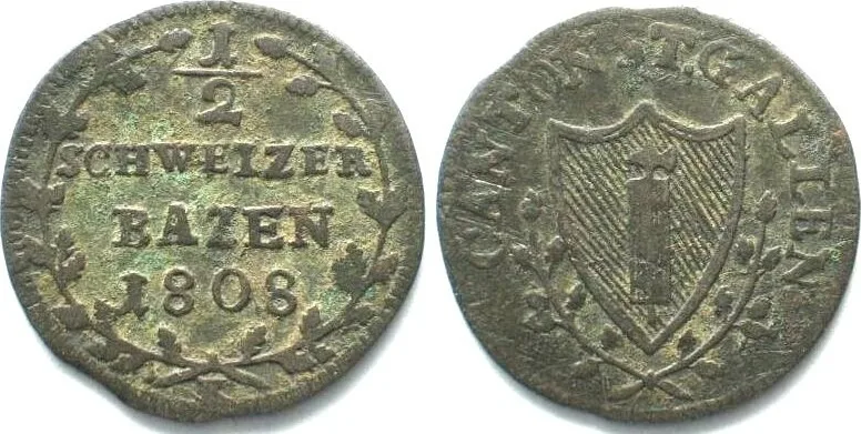 1808 SAINT GALL Canton 1/2 Batzen 1808 billon VF