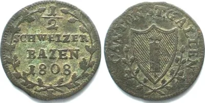 1808 SAINT GALL Canton 1/2 Batzen 1808 billon VF