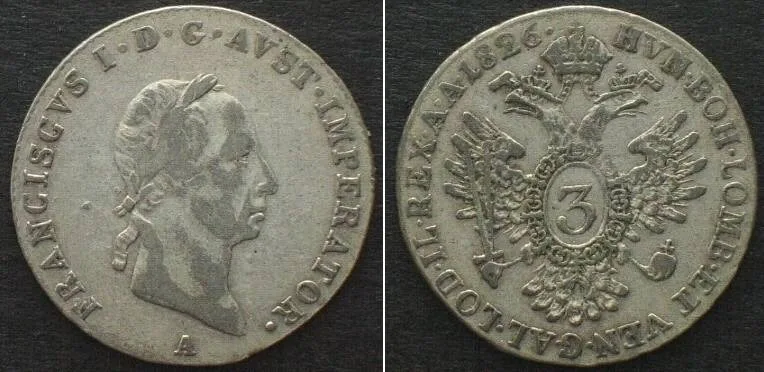 1826 AUSTRIA 3 Kreuzer 1826 A, FRANZ I silver XF EF