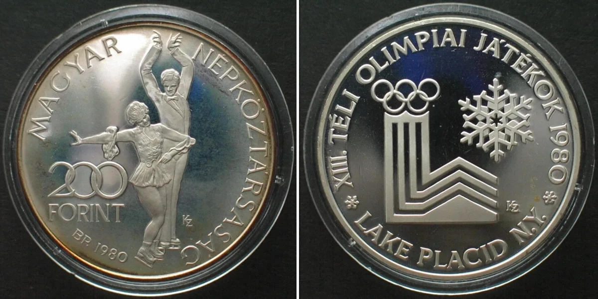 1980 HUNGARY Piefort 200 Forint 1980 Skaters OLYMPICS LAKE PLACID silver Proof