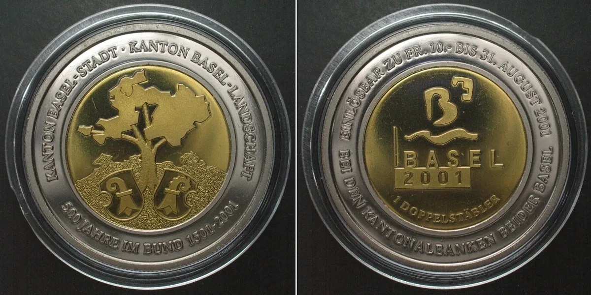 2001 Swiss BASEL 10 Francs (Doppelstabler) 2001 bi-mettalic Proof