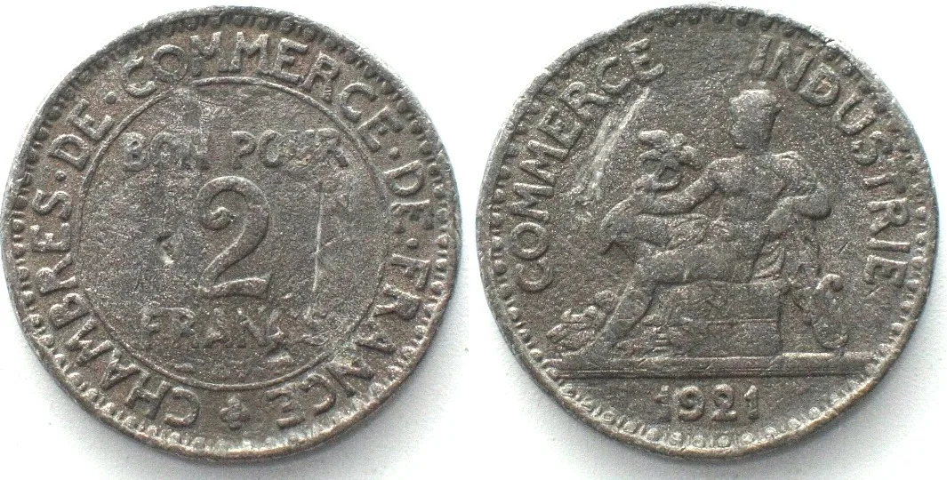 1921 FRANCE. 2 Francs 1921 CONTEMPORARY COUNTERFEIT in white metal VF+
