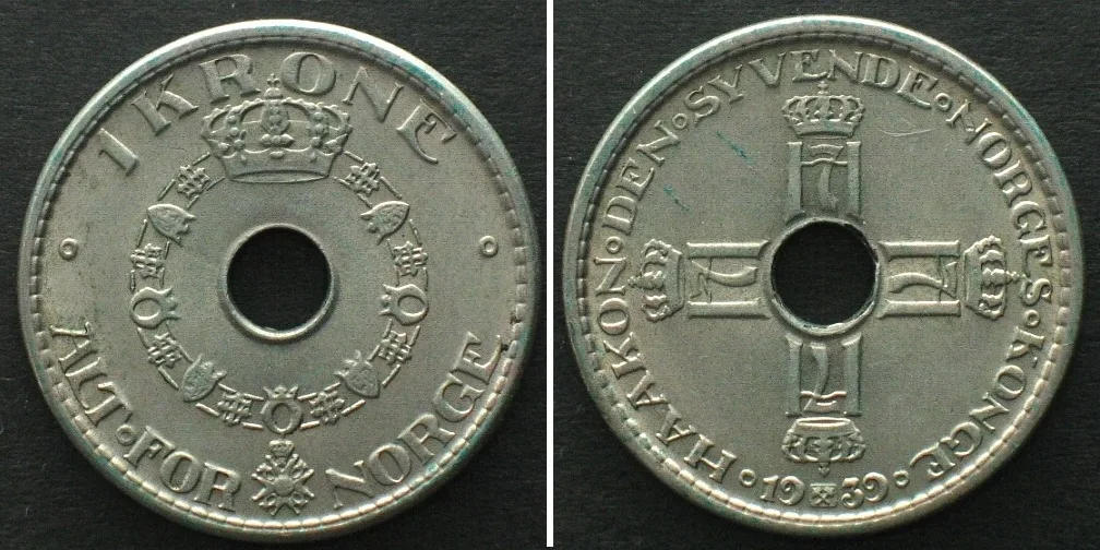 1939 NORWAY. 1 Krone 1939 HAAKON VII Cu-Ni UNC!