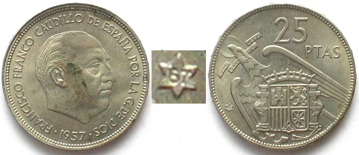 1967 SPAIN 25 Pesetas 1957 (67) FRANCO Cu-Ni SCARCE YEAR! UNC!!!