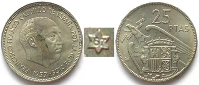 1967 SPAIN 25 Pesetas 1957 (67) FRANCO Cu-Ni SCARCE YEAR! UNC!!!