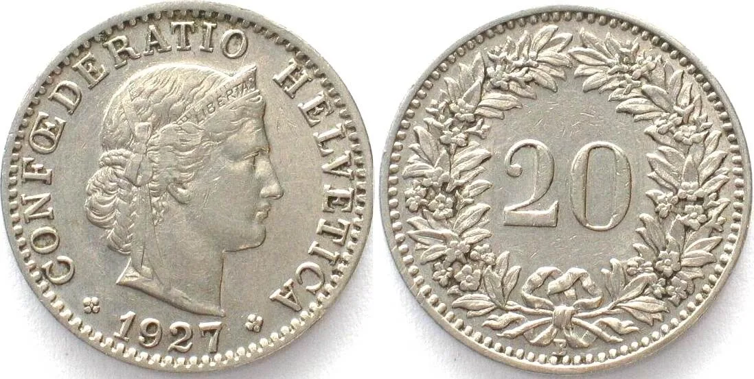 1927 SWITZERLAND 20 Rappen 1927 nickel XF+! EF+