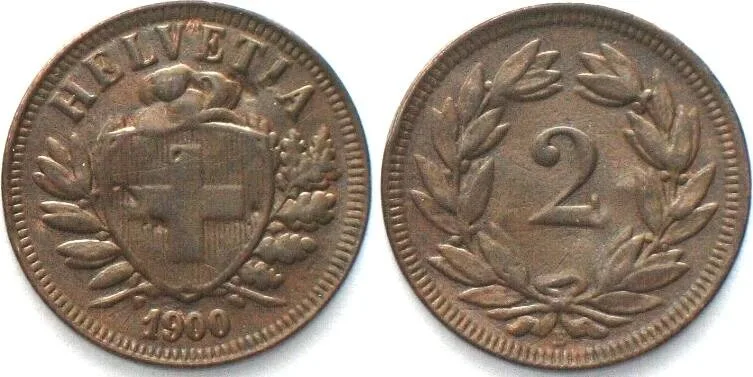 1900 SWITZERLAND 2 Rappen 1900 bronze VF+