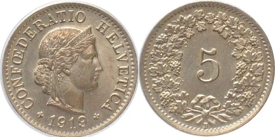 1919 SWITZERLAND 5 Rappen 1919 Cu-Ni BU!