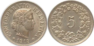 1919 SWITZERLAND 5 Rappen 1919 Cu-Ni BU!