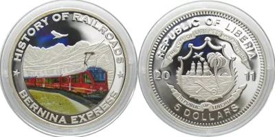 2011 LIBERIA 5 Dollars 2011 BERNINA EXPRESS silver COLORED Proof