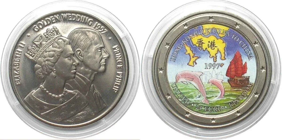 1997 UK 25 Euro 1997 Map HONG KONG RETURNS TO CHINA / GOLDEN WEDDING Cu-Ni BU
