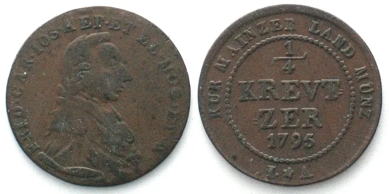 1795 German MAINZ 1/4 Kreuzer 1795 FRIEDRICH KARL JOSEPH copper VF/VF+