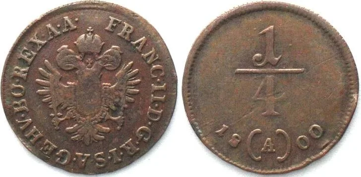 1800 AUSTRIA. 1/4 Kreuzer 1800 A, FRANZ II, copper VF