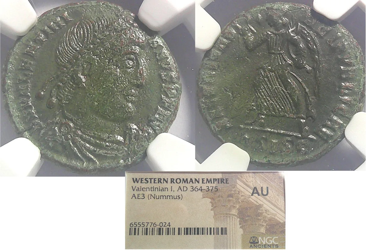 WESTERN ROMAN EMPIRE Valentinian I AD 364-375, AE3 (Nummus) NGC AU Beautiful Green Patina