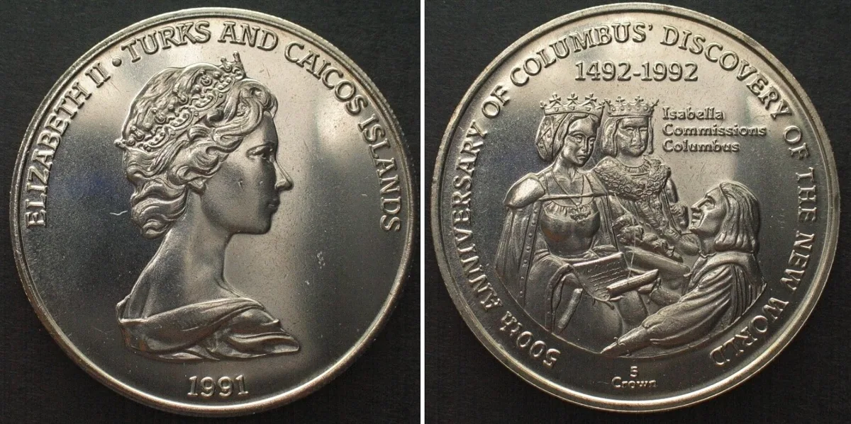 1991 TURKS & CAICOS 5 Crowns 1991, Columbus with Ferdinand and Isabella, Cu-Ni UNC