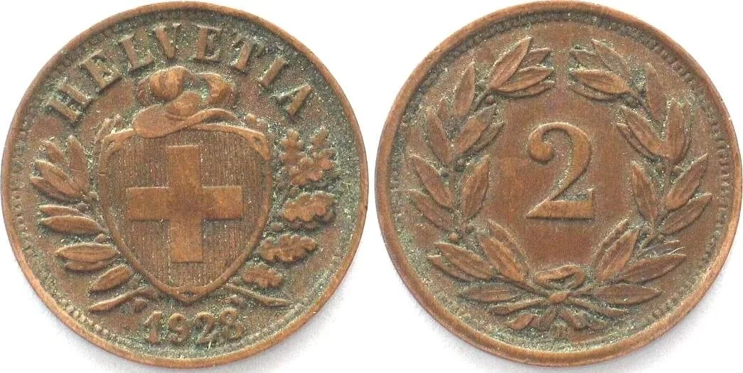 1928 SWITZERLAND 2 Rappen 1928 Bronze VF+ SCARCE! VF+