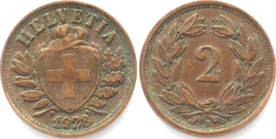 1928 SWITZERLAND 2 Rappen 1928 Bronze VF+ SCARCE! VF+