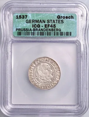 German States, Prussia: Albert I (1525-1568), silver groschen, 1537 CE. ICG EF45.
