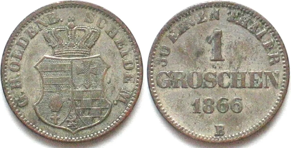 1866 OLDENBURG 1 Groschen 1866 B NICOLAUS FRIEDRICH PETER silver aXF EF-