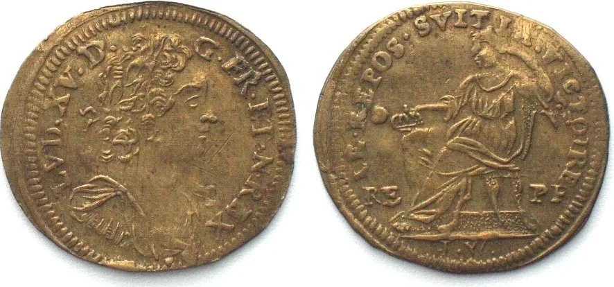 1725 LOUIS XV. Counter by Johann Weidinger 1670-1727, Nuremberg, brass 22mm EF