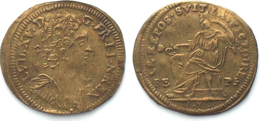 1725 LOUIS XV. Counter by Johann Weidinger 1670-1727, Nuremberg, brass 22mm EF