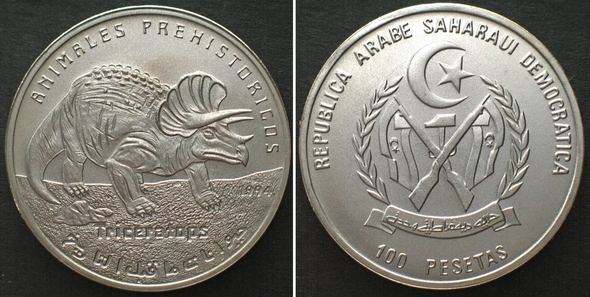 1994 SAHARAWI ARAB D.R. 100 Pesetas 1994 Prehistoric TRICERATOPS Steel BU