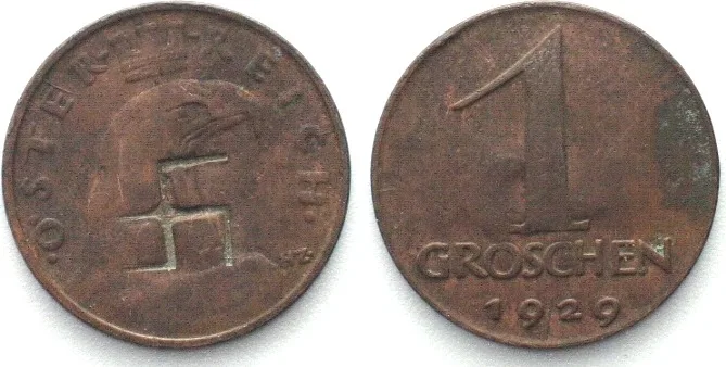 1929 AUSTRIA. 1 Groschen 1929, bronze, countermarked SWASTIKA, NS propaganda EF