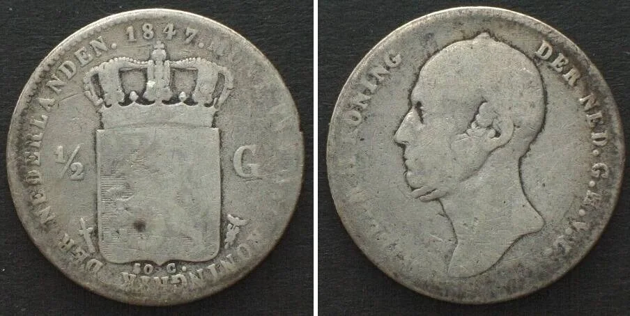 1847 NETHERLANDS. 1/2 Gulden 1847, WILLEM II, silver aVF RARE! VF-