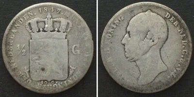 1847 NETHERLANDS. 1/2 Gulden 1847, WILLEM II, silver aVF RARE! VF-