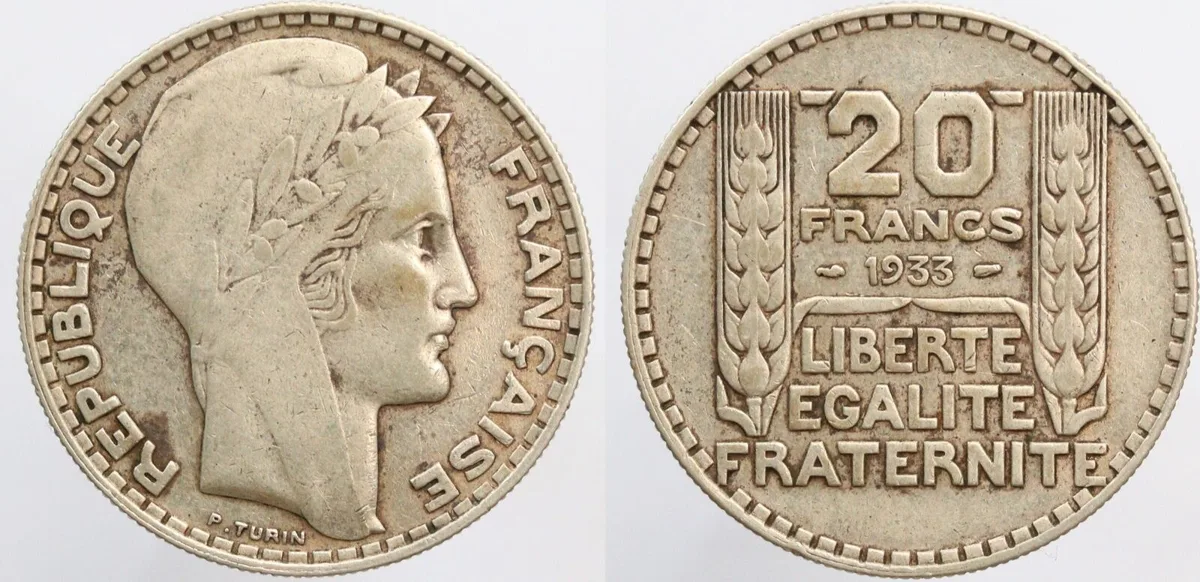 France Third Republic 1933 20 Francs Silver (.680)